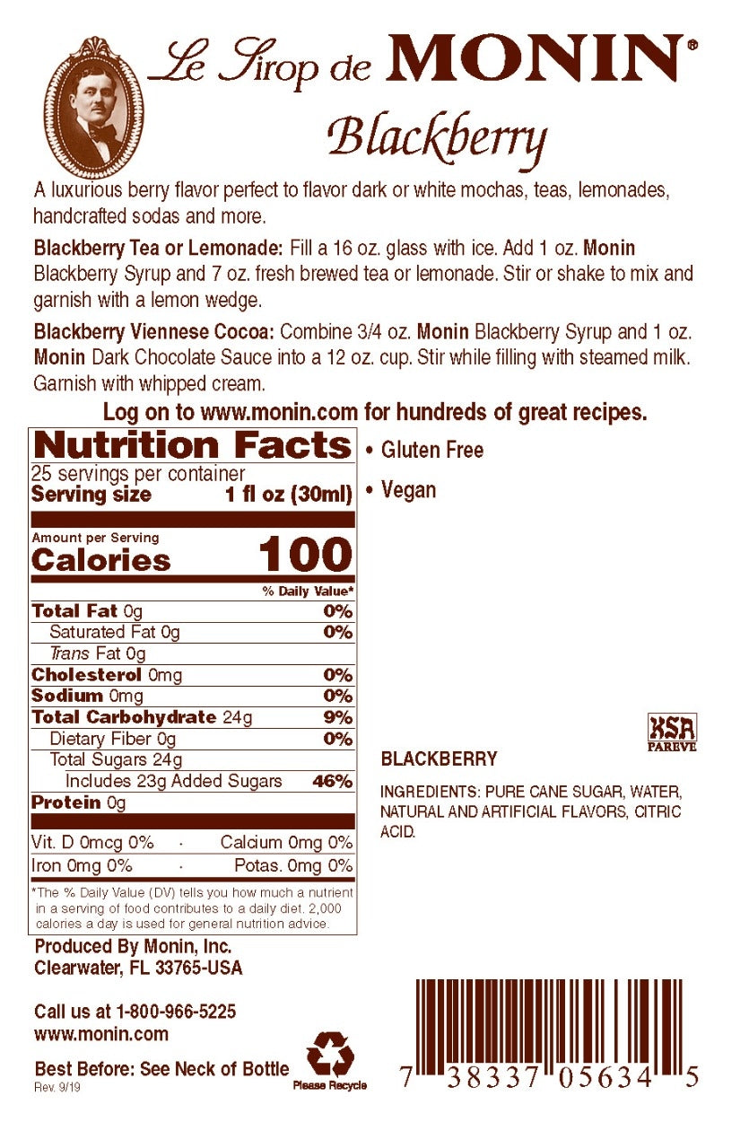 Monin Classic Flavored Syrups - 750 ml. Glass Bottle: Blackberry