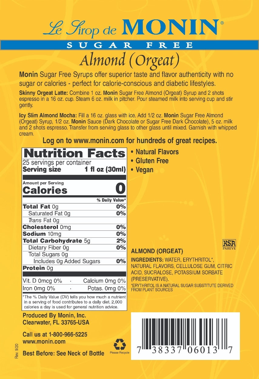 Monin  Sugar Free Flavored Syrups - 750 ml. Glass Bottle: Almond (Sugar Free)