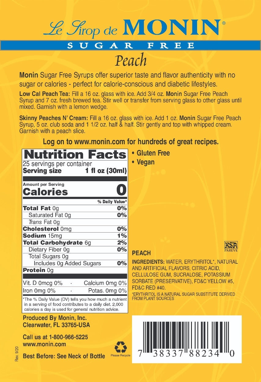 Monin  Sugar Free Flavored Syrups - 750 ml. Glass Bottle: Peach (Sugar Free)