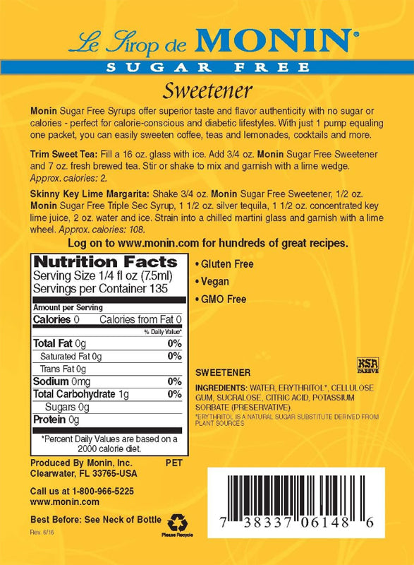 Monin Sugar Free Sweetener - 1L Plastic Bottle