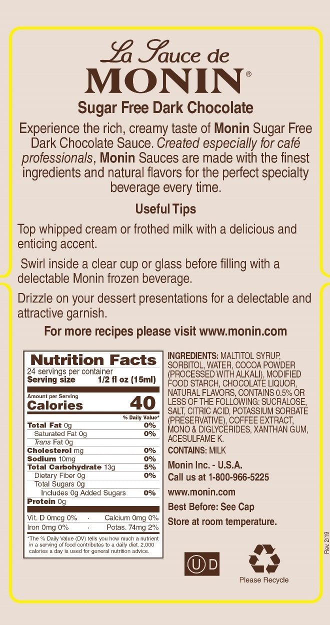 Monin Gourmet Sauce - 12 oz. Bottle: Dark Chocolate (Sugar Free)