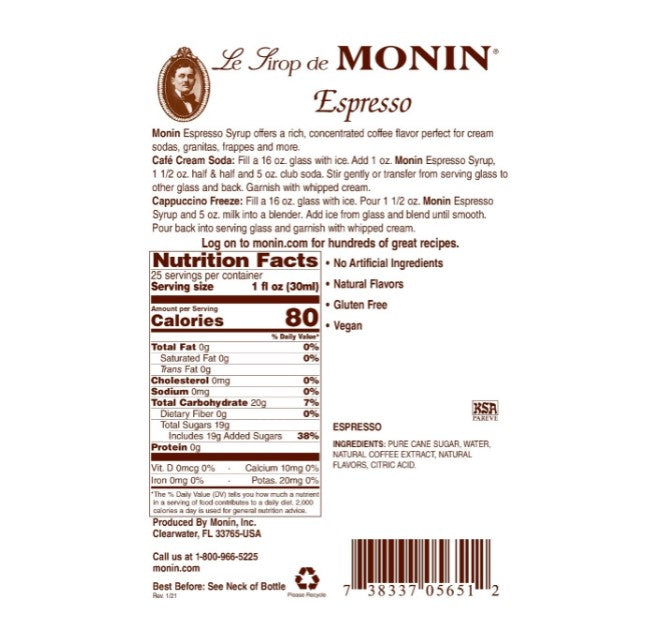 Monin Classic Flavored Syrups - 750 ml. Glass Bottle: Espresso