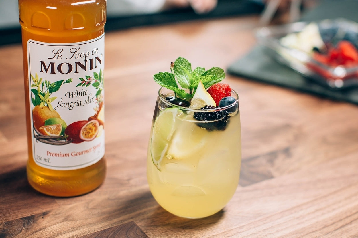 Monin Classic Flavored Syrups - 750 ml. Glass Bottle: Sangria Mix, White