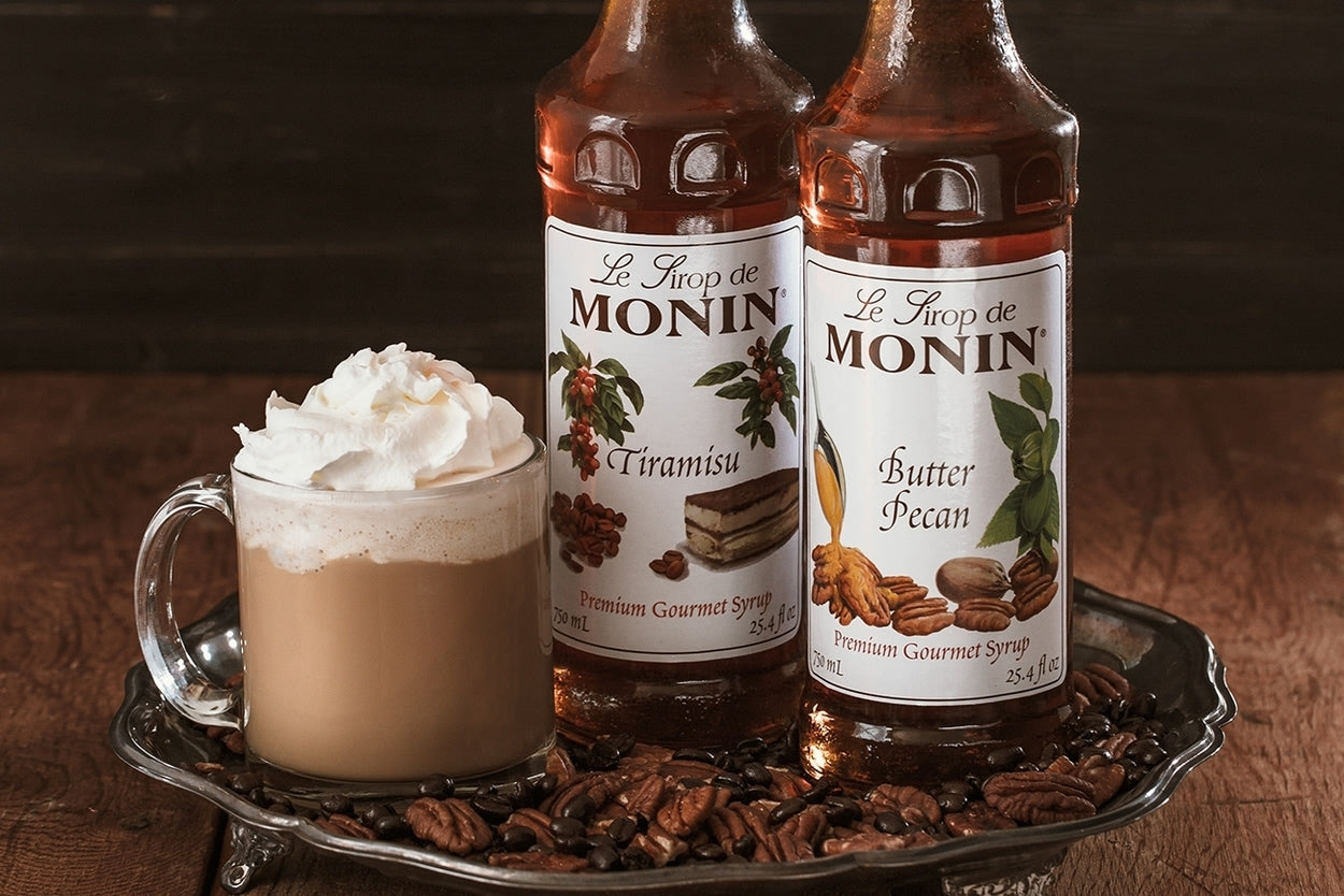 Monin Classic Flavored Syrups - 750 ml. Glass Bottle: Butter Pecan