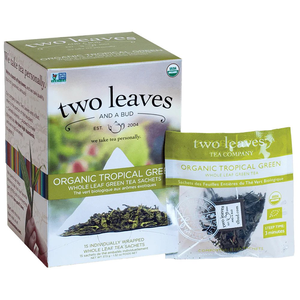 Two Leaves Tea - Box of 15 Tea Sachets: Organic Tropical Green Tea