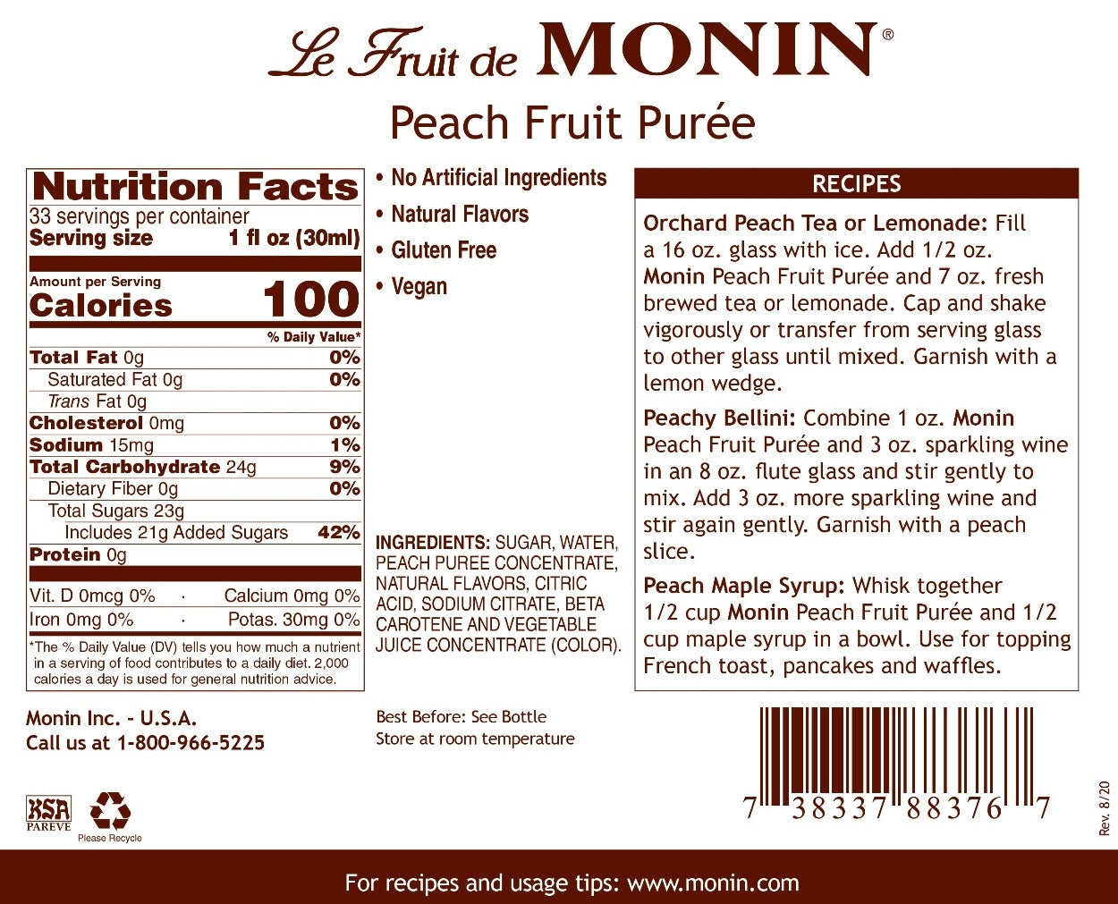 Monin Fruit Puree - 1L Plastic Bottle: Peach