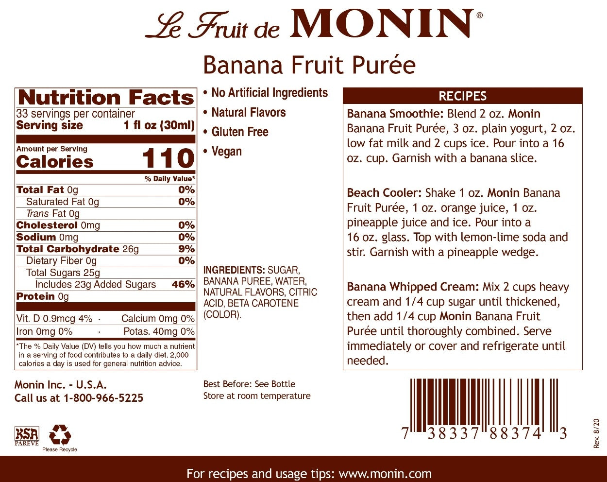 Monin Fruit Puree - 1L Plastic Bottle: Banana