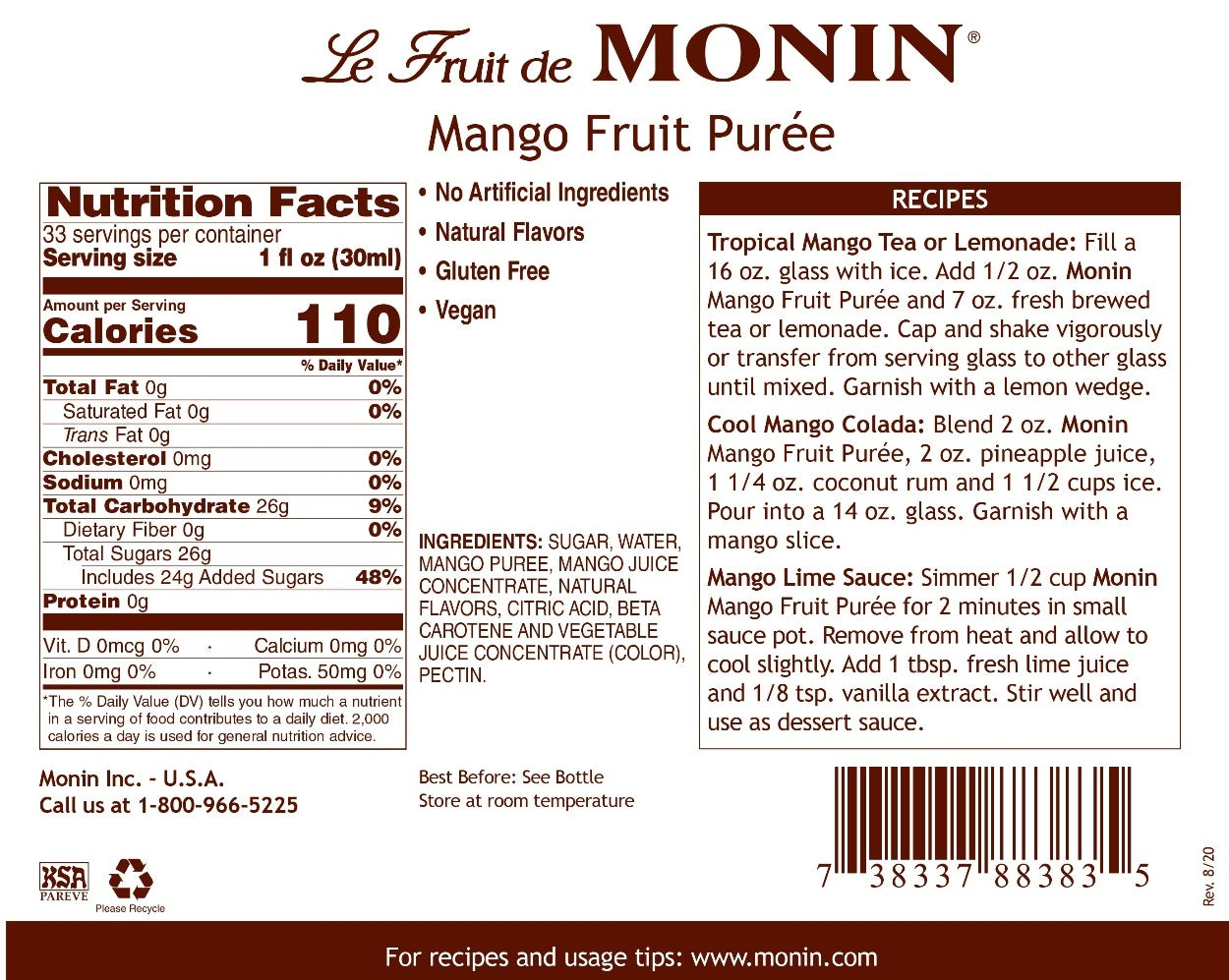 Monin Fruit Puree - 1L Plastic Bottle: Mango