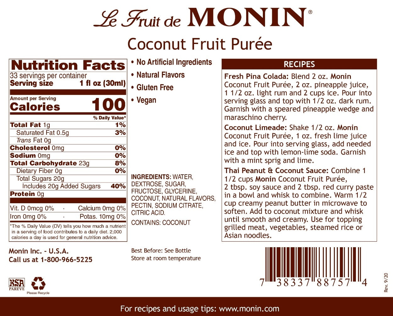 Monin Fruit Puree - 1L Plastic Bottle: Coconut