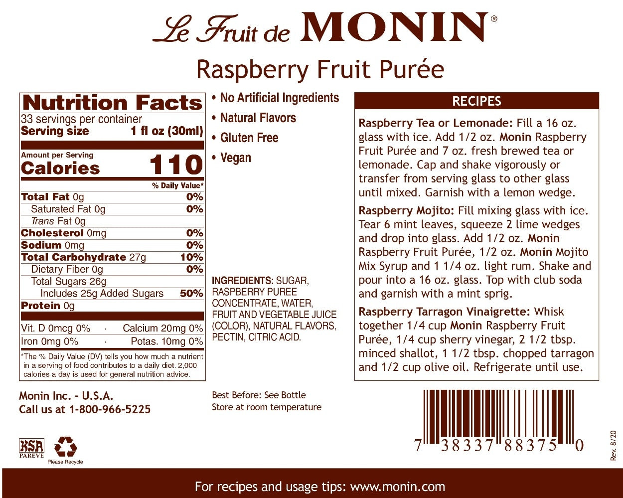 Monin Fruit Puree - 1L Plastic Bottle: Raspberry