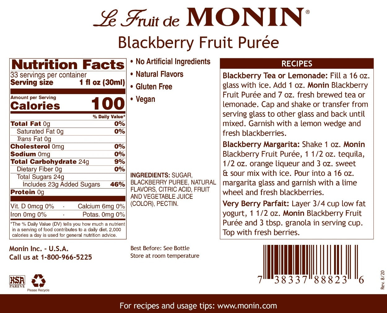 Monin Fruit Puree - 1L Plastic Bottle: Blackberry