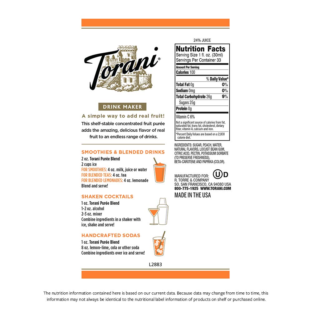 Torani Puree Blend: 1L Bottle: Peach