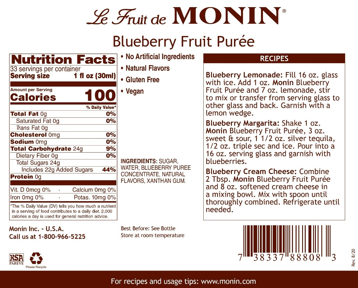 Monin Fruit Puree - 1L Plastic Bottle: Blueberry