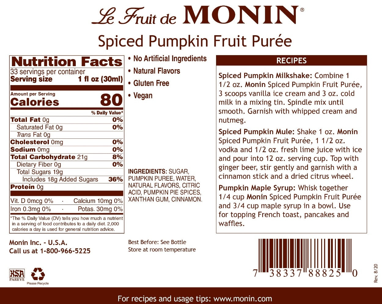 Monin Fruit Puree - 1L Plastic Bottle: Spiced Pumpkin