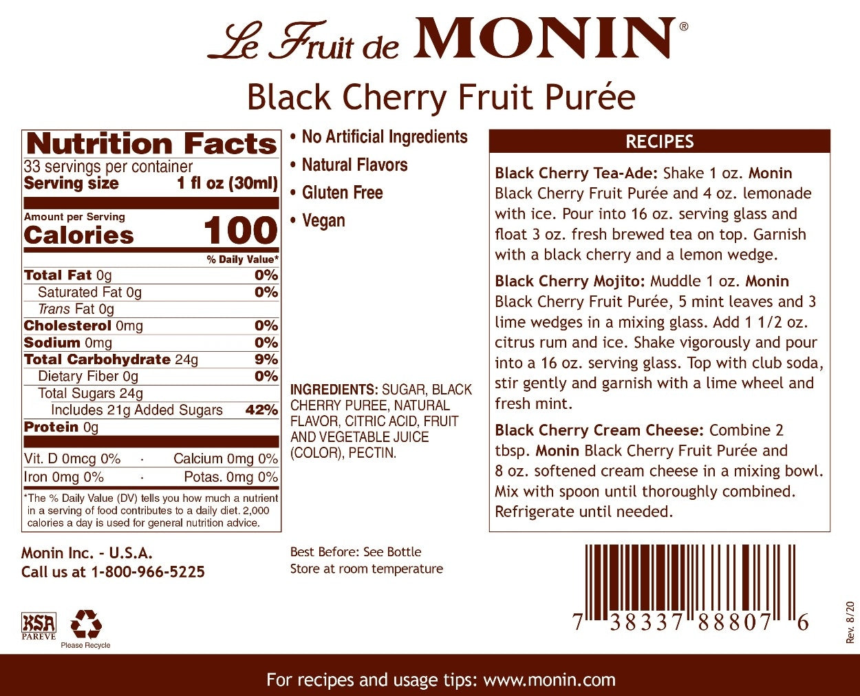 Monin Fruit Puree - 1L Plastic Bottle: Black Cherry