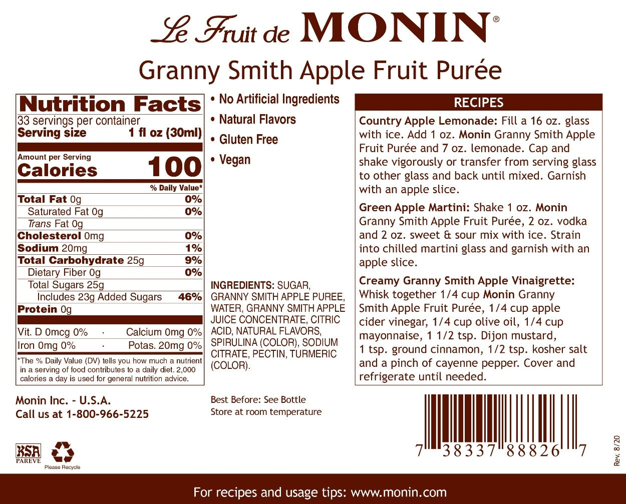Monin Fruit Puree - 1L Plastic Bottle: Granny Smith Apple
