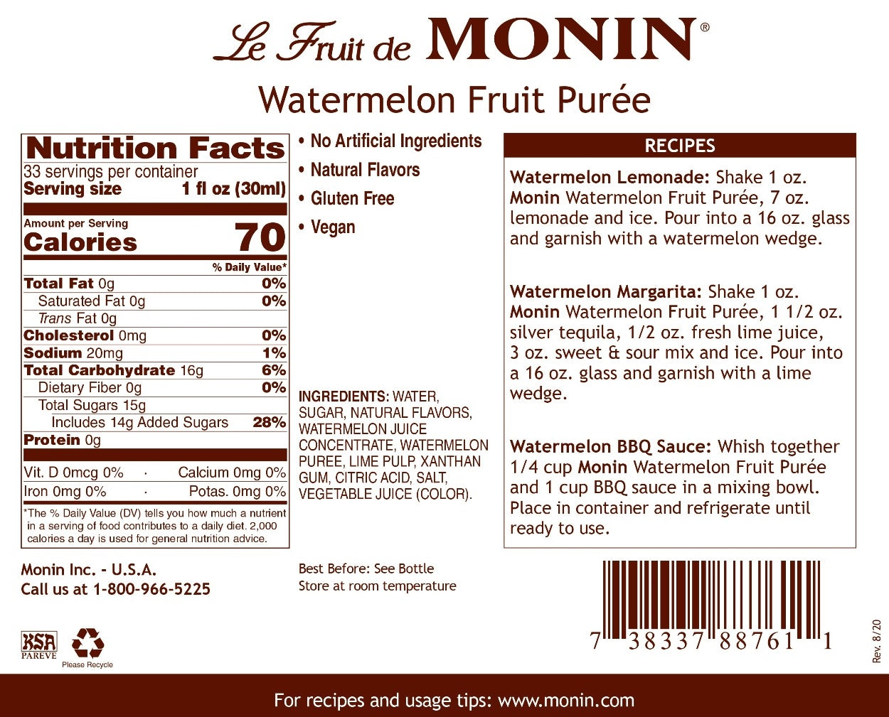 Monin Fruit Puree - 1L Plastic Bottle: Watermelon
