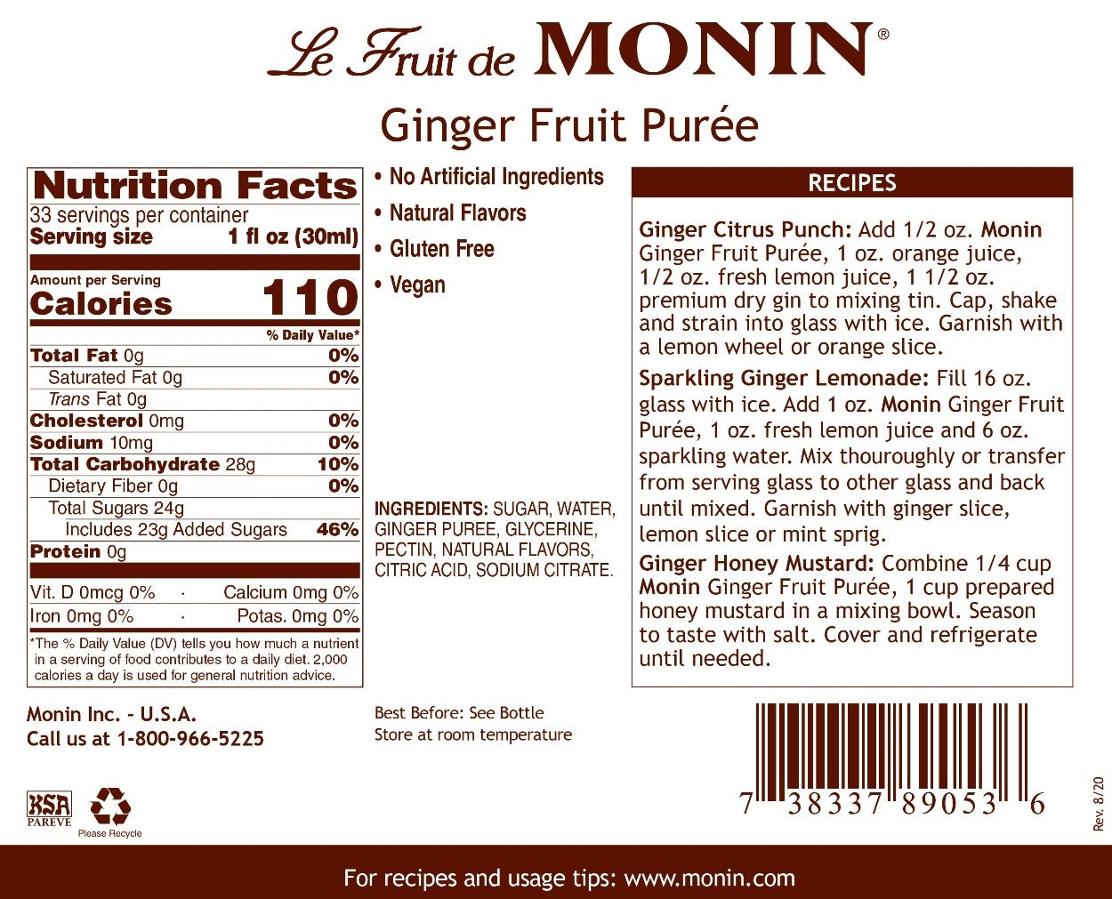 Monin Fruit Puree - 1L Plastic Bottle: Ginger