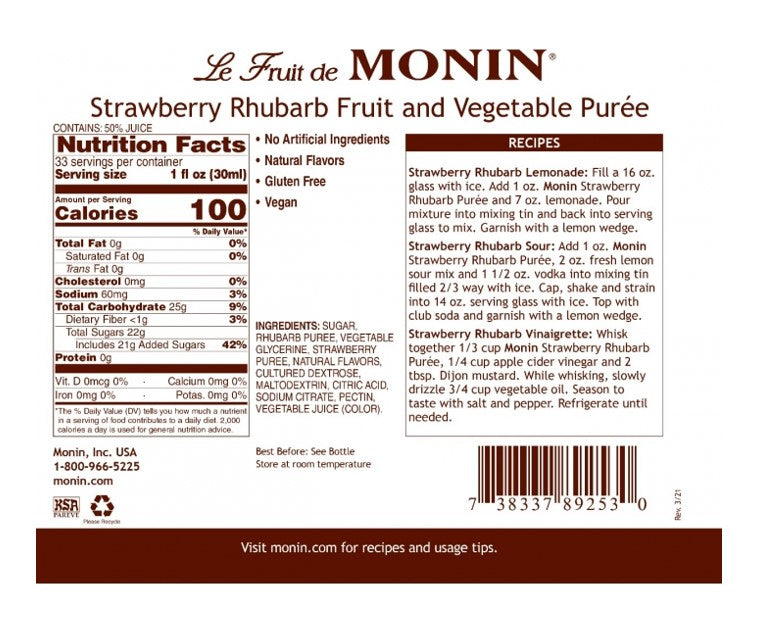 Monin Fruit Puree - 1L Plastic Bottle: Strawberry Rhubarb