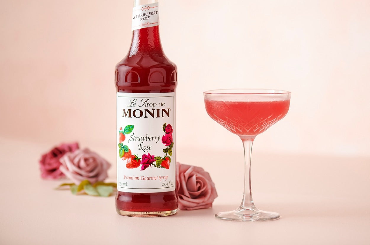 Monin Classic Flavored Syrups - 750 ml. Glass Bottle: Strawberry Rose