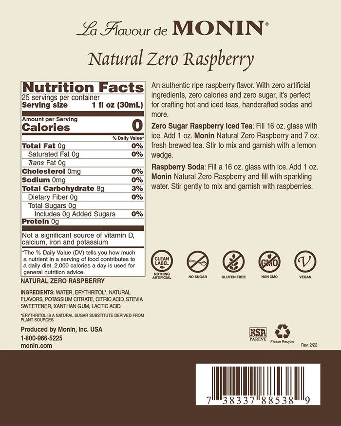 Monin Zero Calorie Flavored Syrups - 750 ml. Glass Bottle: Raspberry