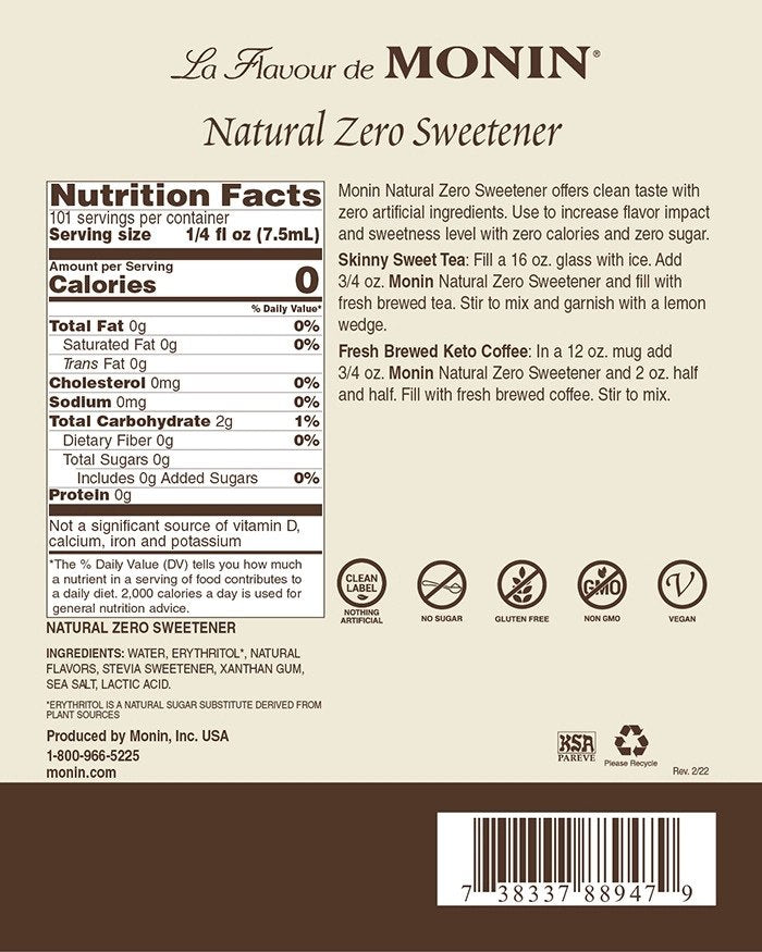 Monin Zero Calorie Flavored Syrups - 750 ml. Glass Bottle: Natural Sweetener