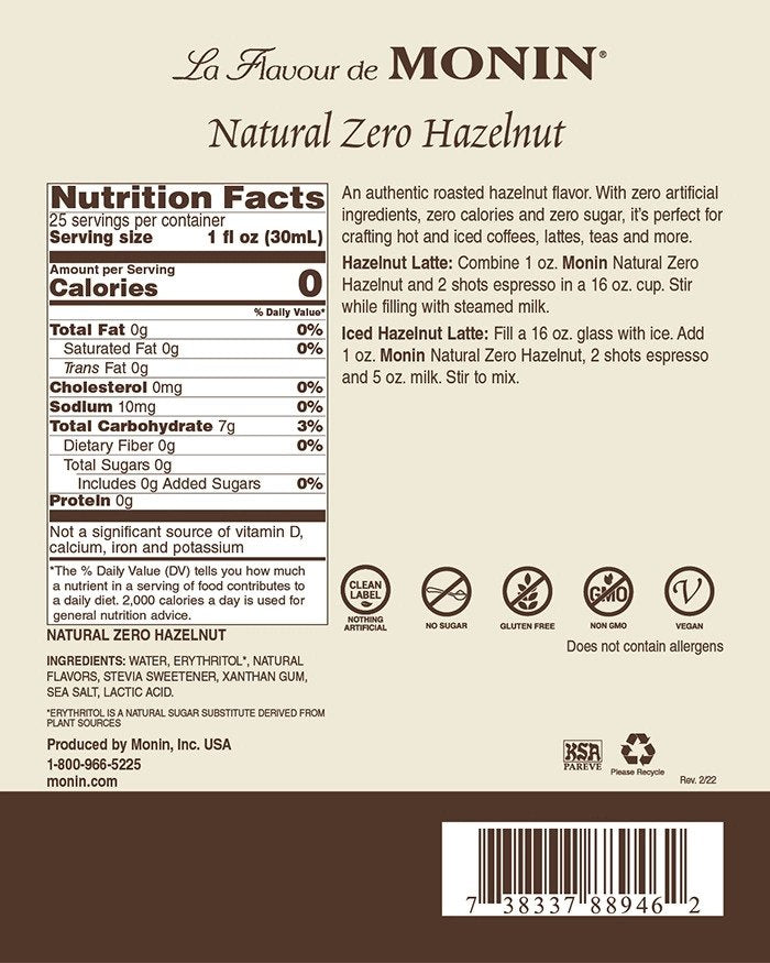 Monin Zero Calorie Flavored Syrups - 750 ml. Glass Bottle: Hazelnut