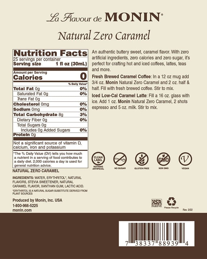 Monin Zero Calorie Flavored Syrups - 750 ml. Glass Bottle: Caramel