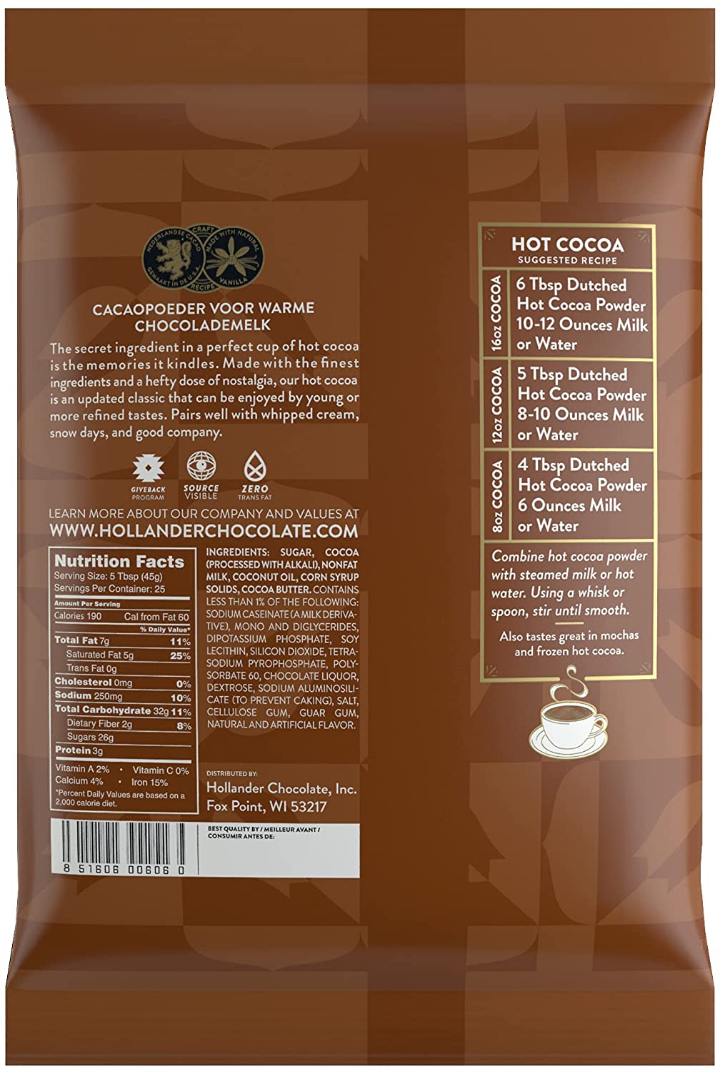 Hollander Cocoa - 2.5 lb. Bulk Bag: Original Premium Hot Cocoa