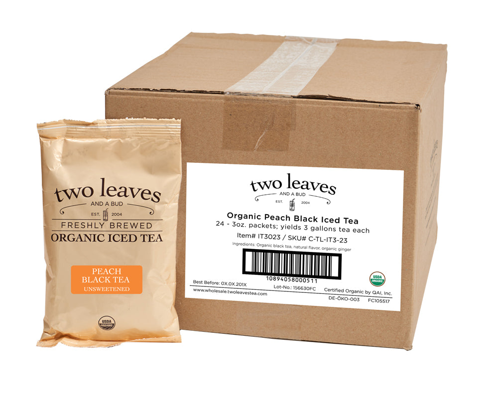 Two Leaves Tea: Organic Peach Black - Box of 24 3oz. Pouches Loose Leaf Iced Tea