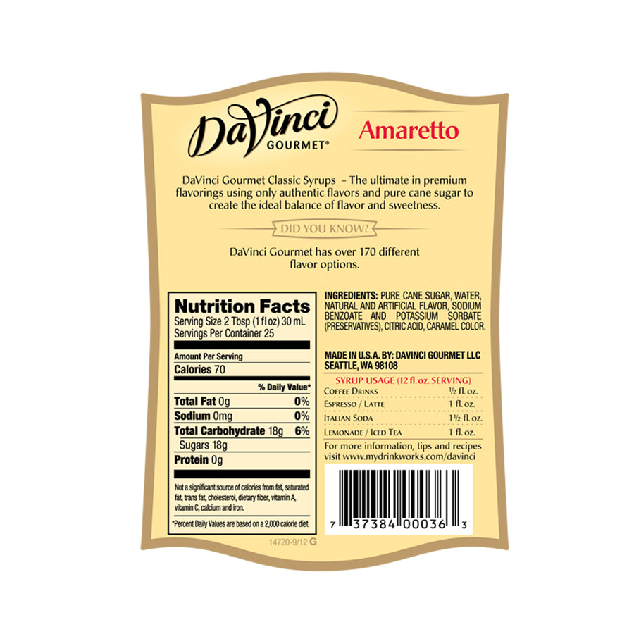 Davinci Classic Flavored Syrups - 750 ml. Plastic Bottle: Amaretto