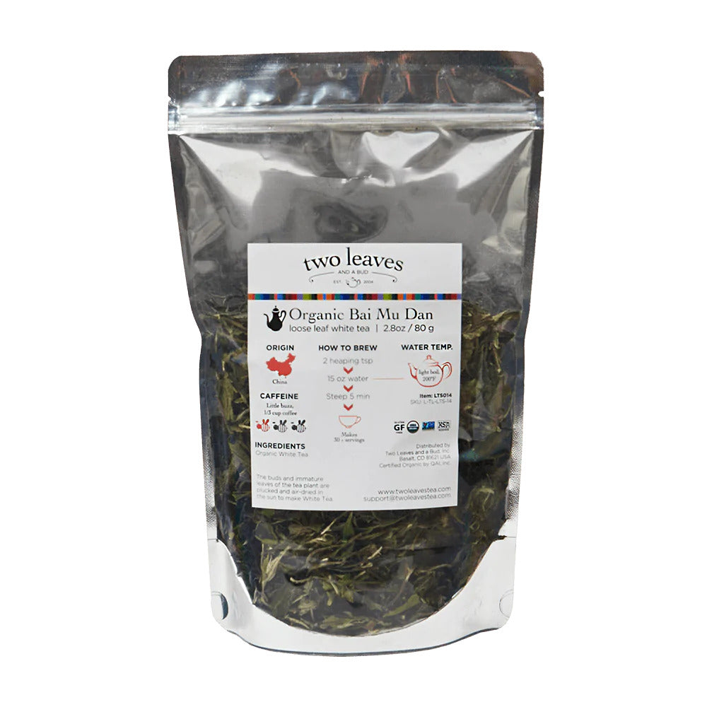 Two Leaves Tea: Organic Bai Mu Dan White Peony Tea - 1/4 lb. Loose Tea in a Resealable Sleeve