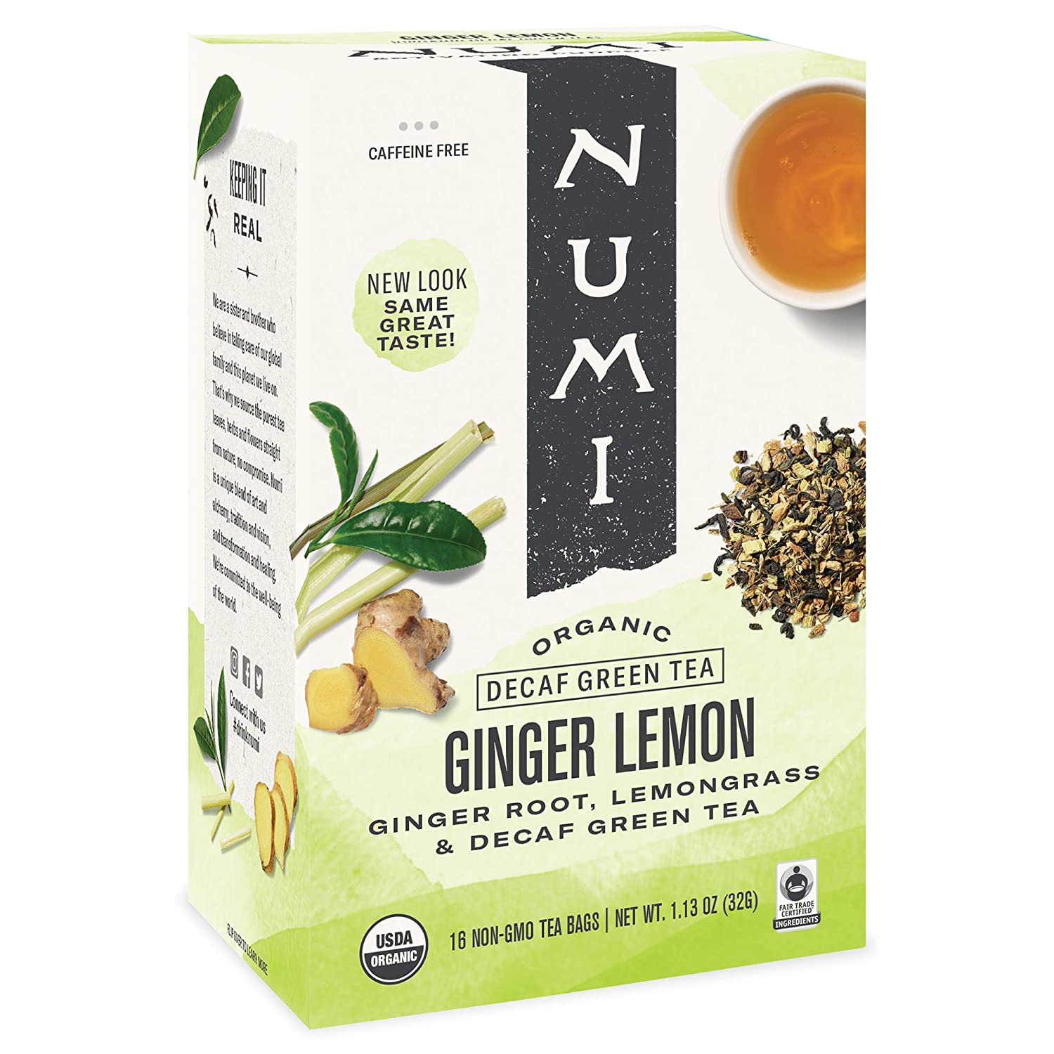 Numi Tea - Box of 16 Single Serve Packets: Decaf Green Ginger Lemon