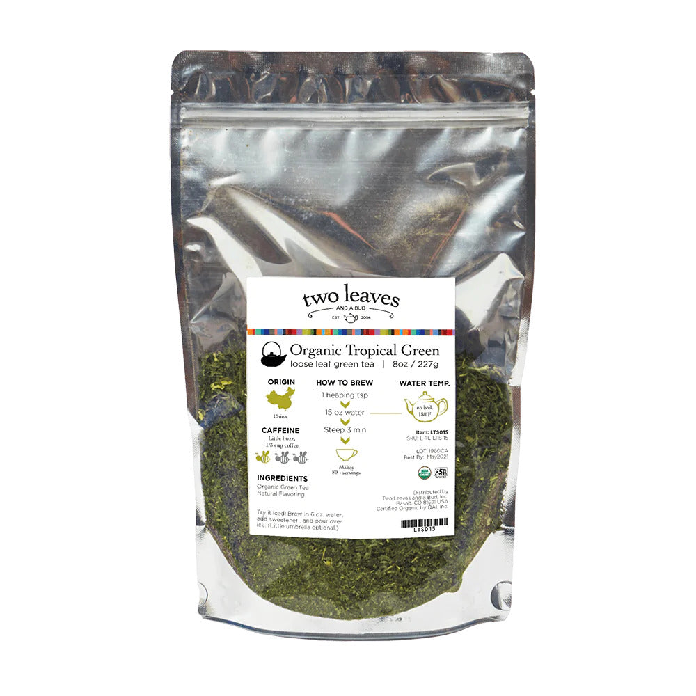 Two Leaves Tea: Organic Tropical Green - 1/2 lb. Loose Green Tea in a Resealable Sleeve